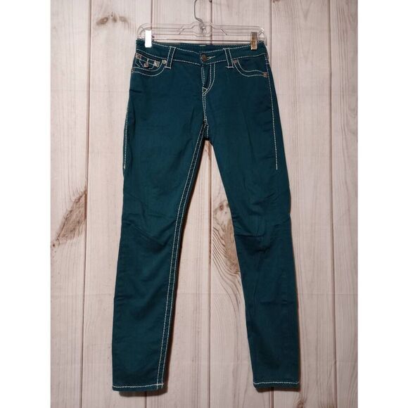 True Religion Pants Ladies 26 Teal Chino Embroidered‎ Pocket Skinny - Picture 1 of 7